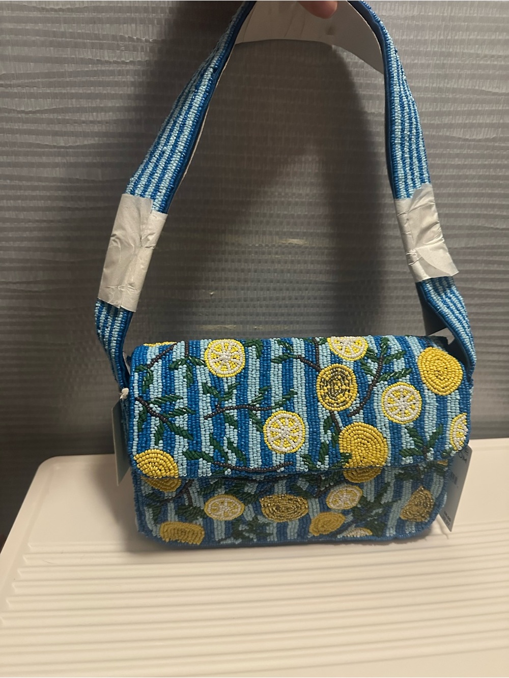 Blue Beaded Lemon-Print Shoulder Bag